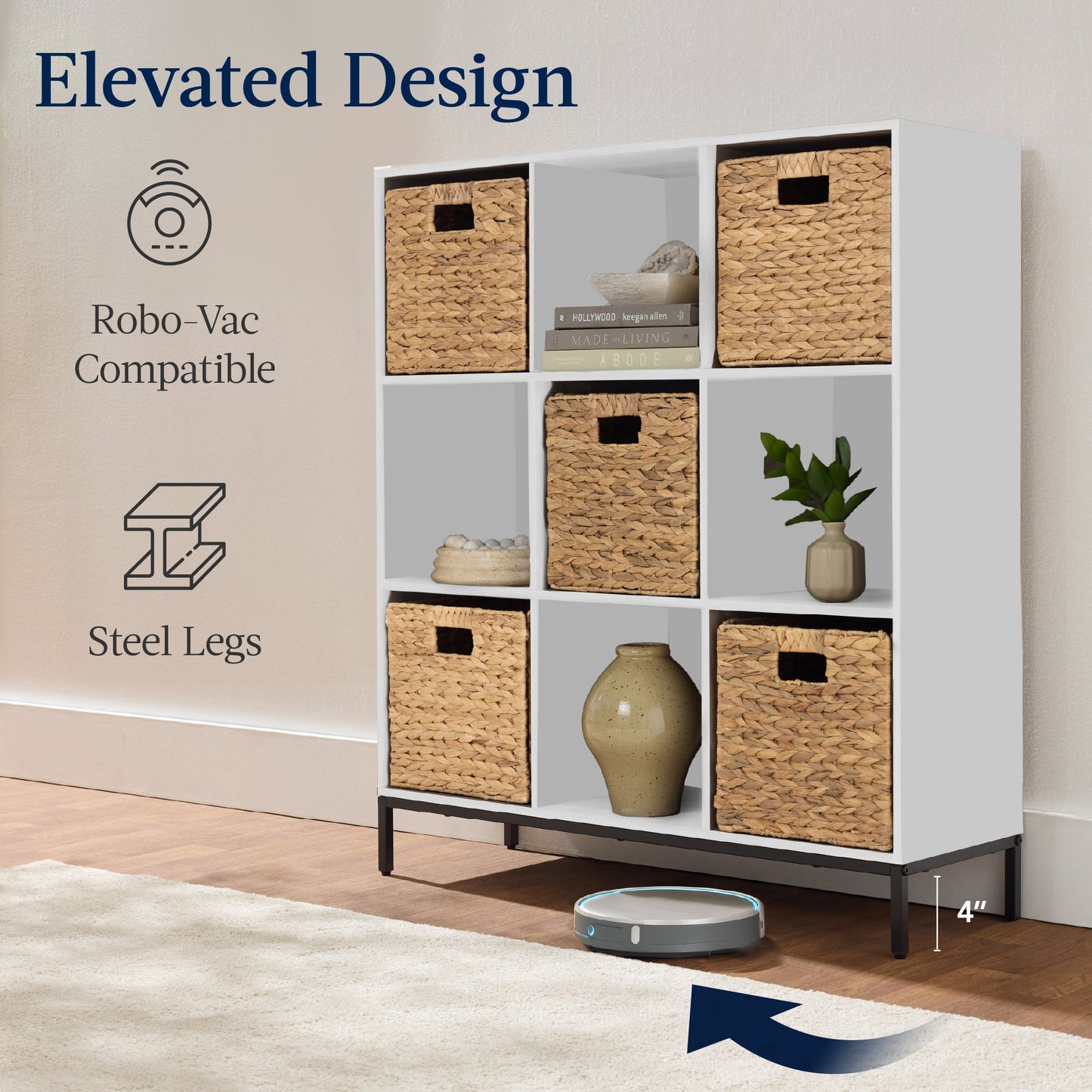 Elevated 9-Cube Storage Organizer, 11in Bookshelf, w/ Metal Legs