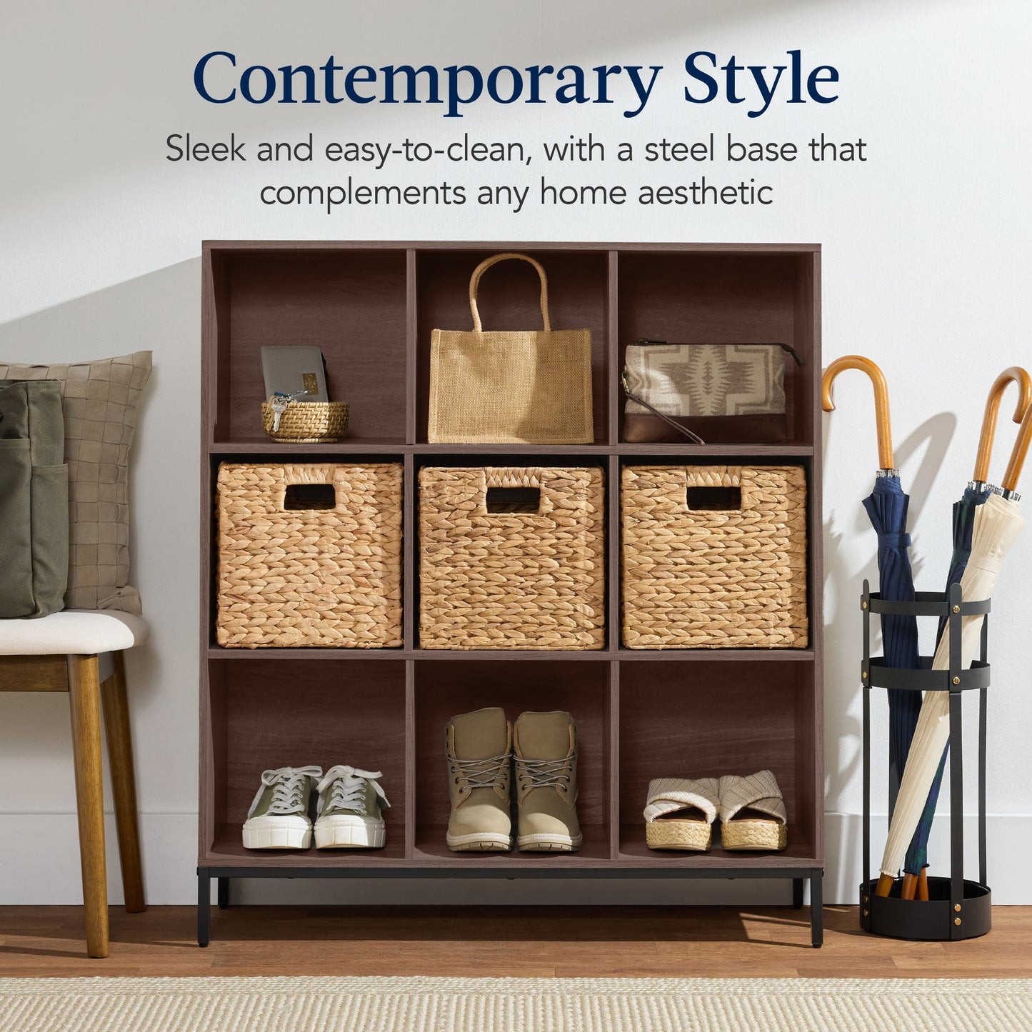 Elevated 9-Cube Storage Organizer, 11in Bookshelf, w/ Metal Legs