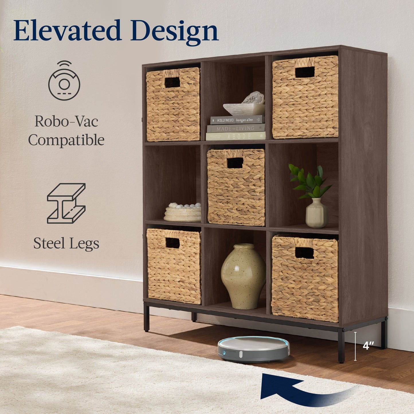 Elevated 9-Cube Storage Organizer, 11in Bookshelf, w/ Metal Legs