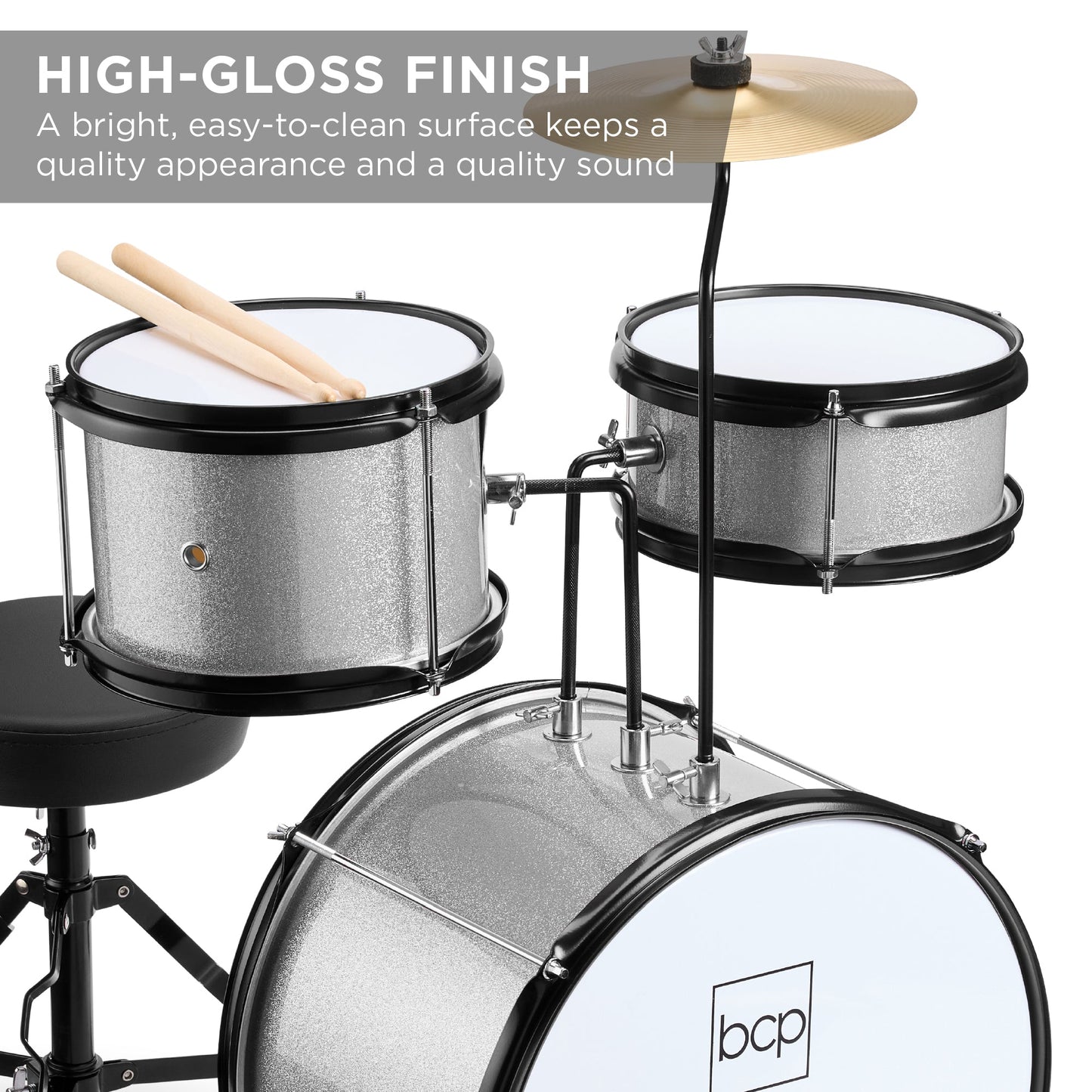 Kids Beginner 3-Piece Drum, Musical Instrument Set w/ Sticks, Stool, Pedal