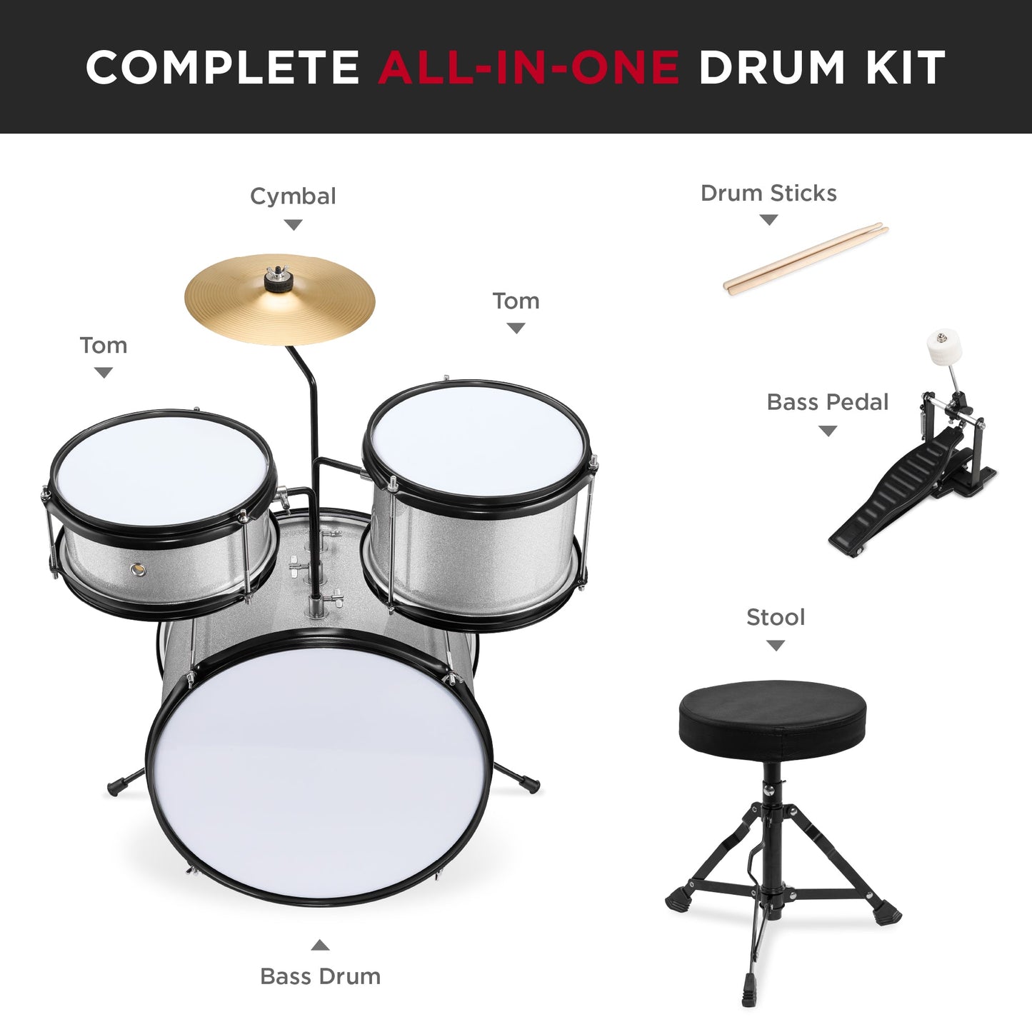 Kids Beginner 3-Piece Drum, Musical Instrument Set w/ Sticks, Stool, Pedal