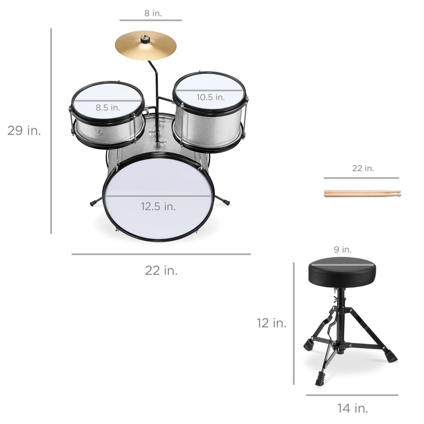 Kids Beginner 3-Piece Drum, Musical Instrument Set w/ Sticks, Stool, Pedal