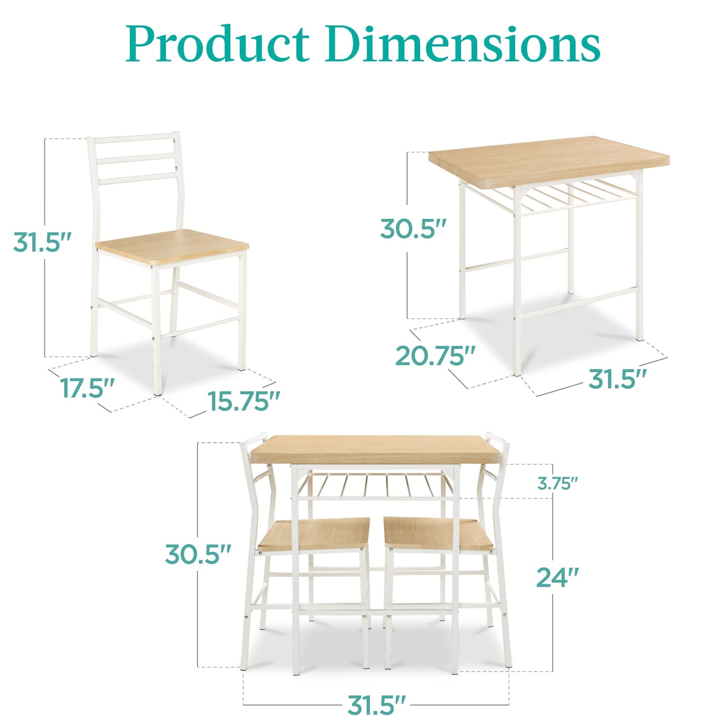 3-Piece Modern Square Dining Set w/ Storage Rack