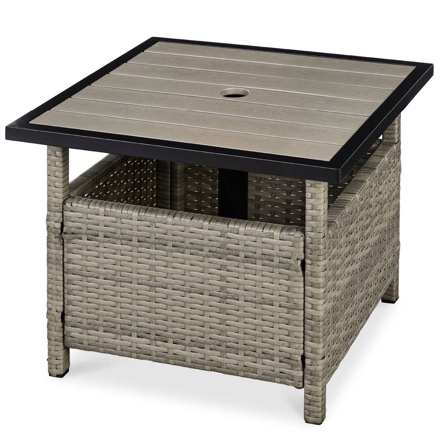 Outdoor Wicker Patio Side Table Accent Furniture w/ Umbrella Hole