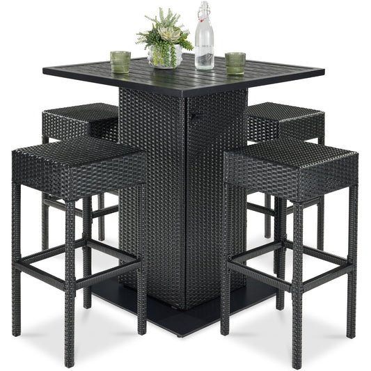 5-Piece Wicker Bar Set w/ 4 Stools, Built-In Bottle Opener, Hidden Storage