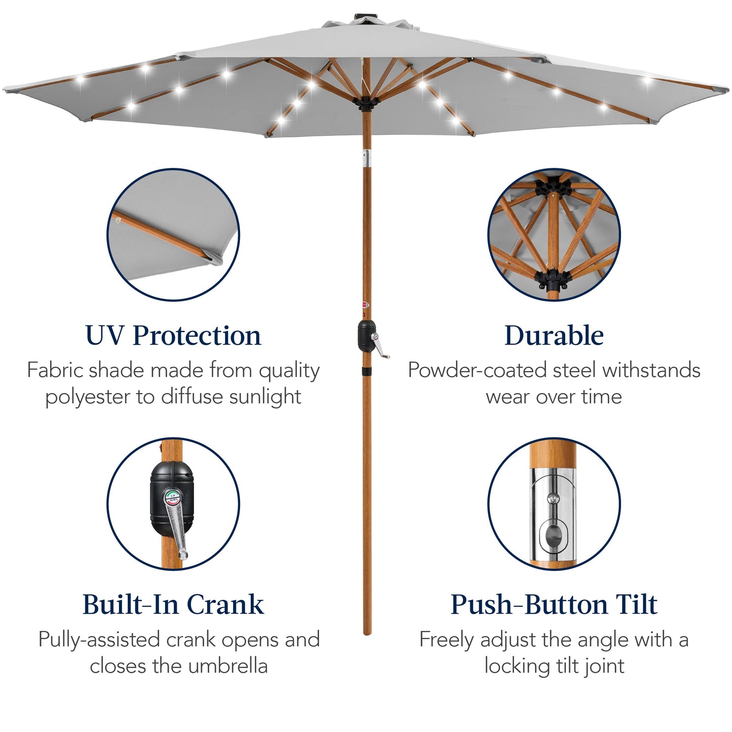 Woodgrain Pattern Solar LED Lighted Patio Umbrella w/ Adjustable Tilt - 10ft