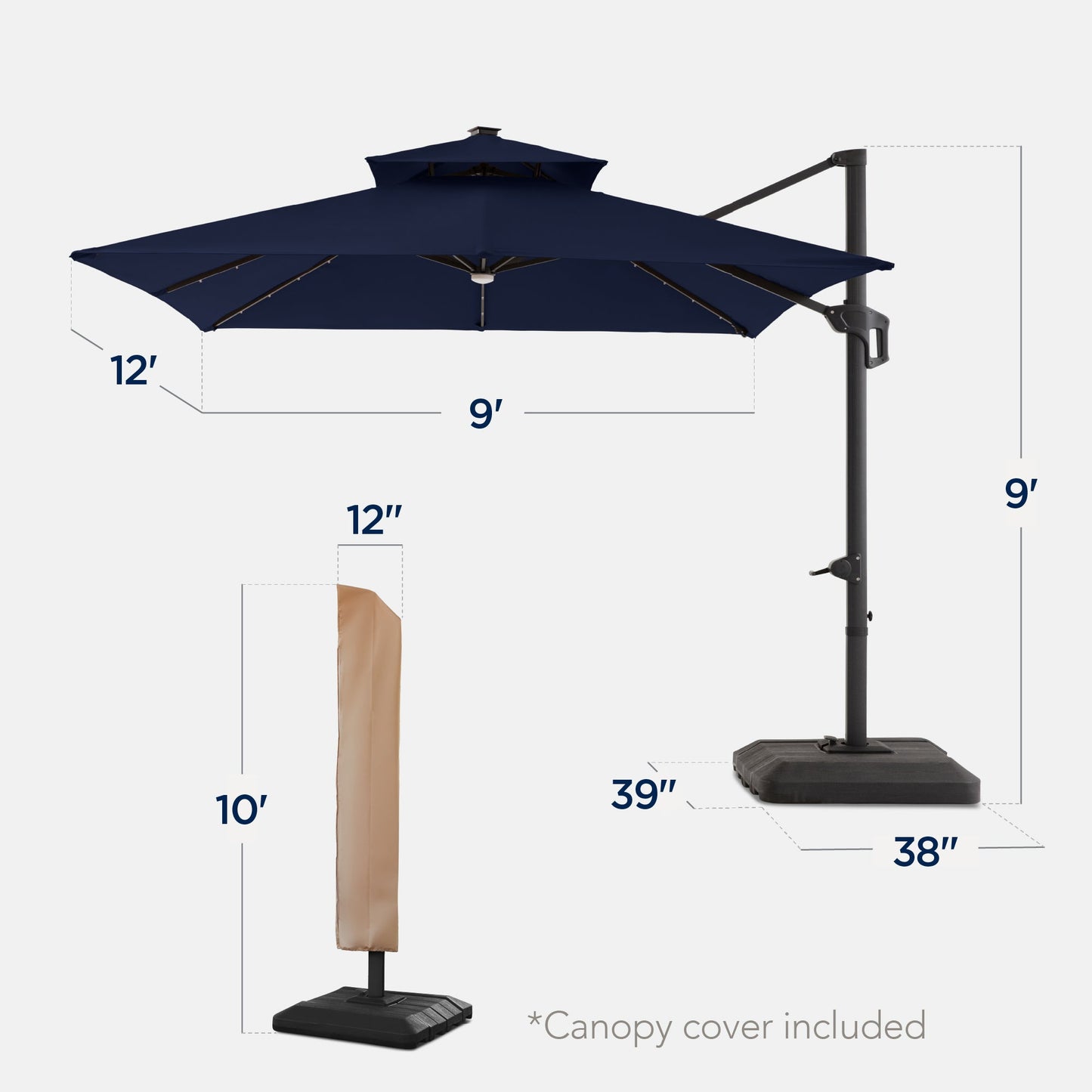 9x12ft 2-Tier Outdoor Solar LED Cantilever Patio Umbrella