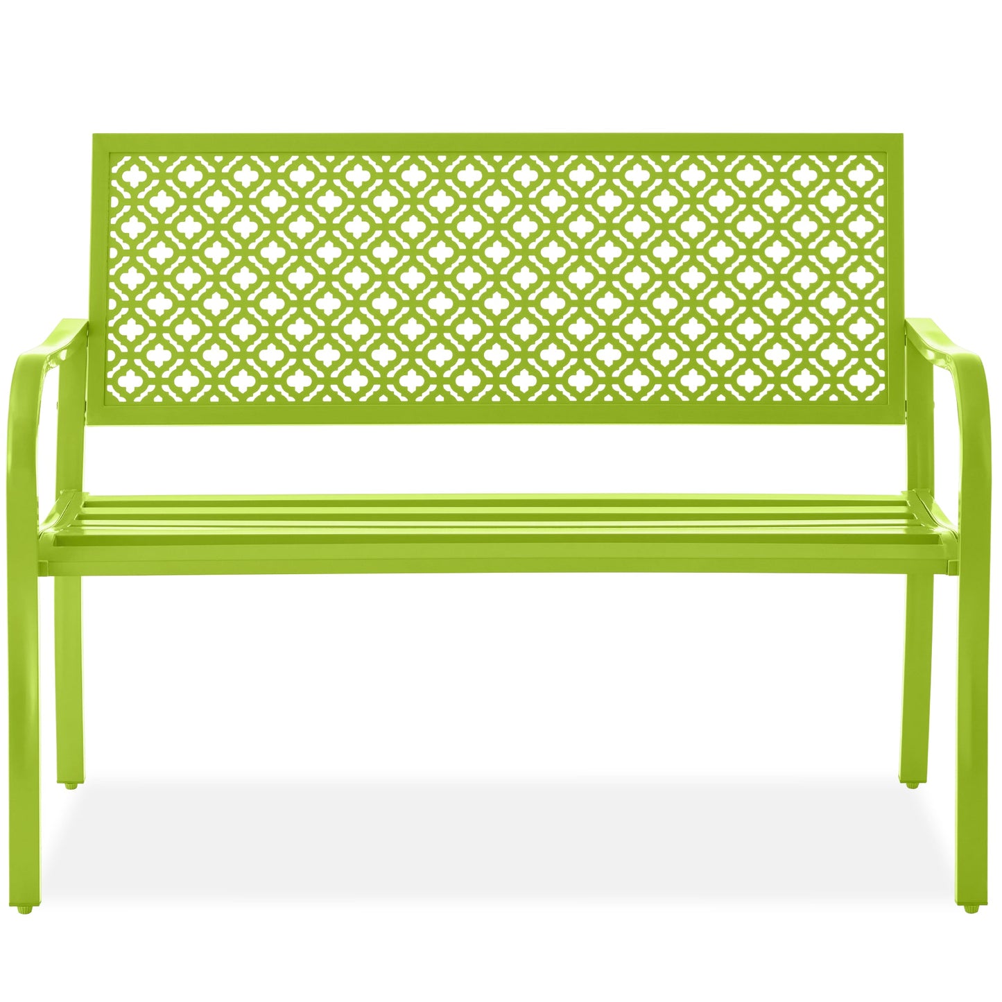 Indoor Outdoor Steel Bench w/ Geometric Backrest, Foot Levelers