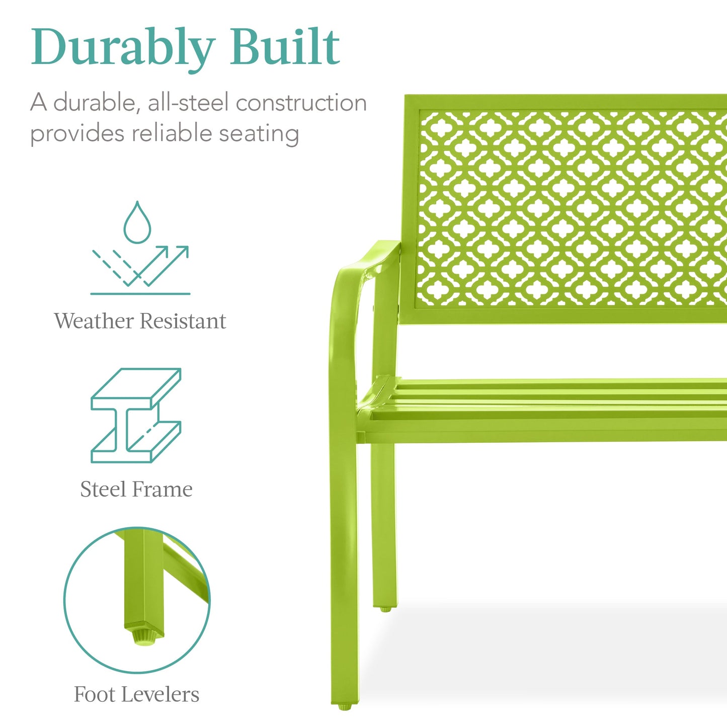 Indoor Outdoor Steel Bench w/ Geometric Backrest, Foot Levelers