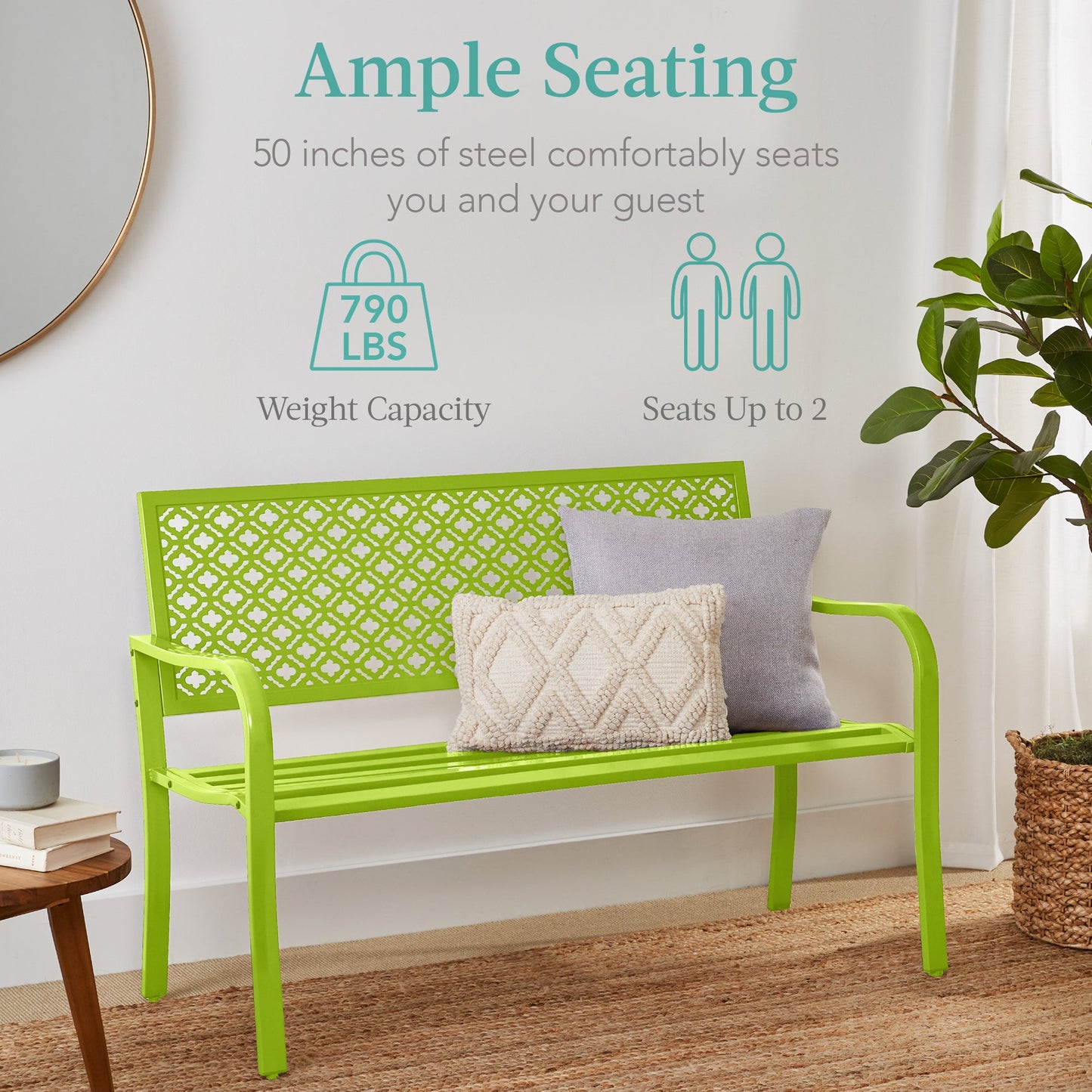 Indoor Outdoor Steel Bench w/ Geometric Backrest, Foot Levelers