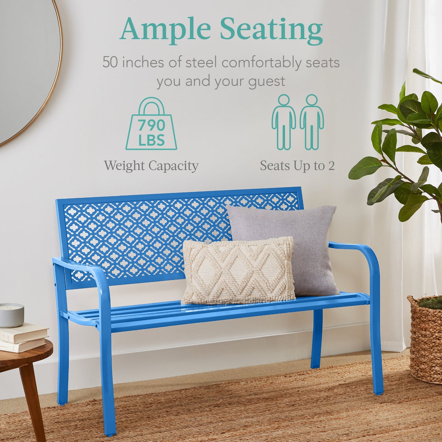 Indoor Outdoor Steel Bench w/ Geometric Backrest, Foot Levelers