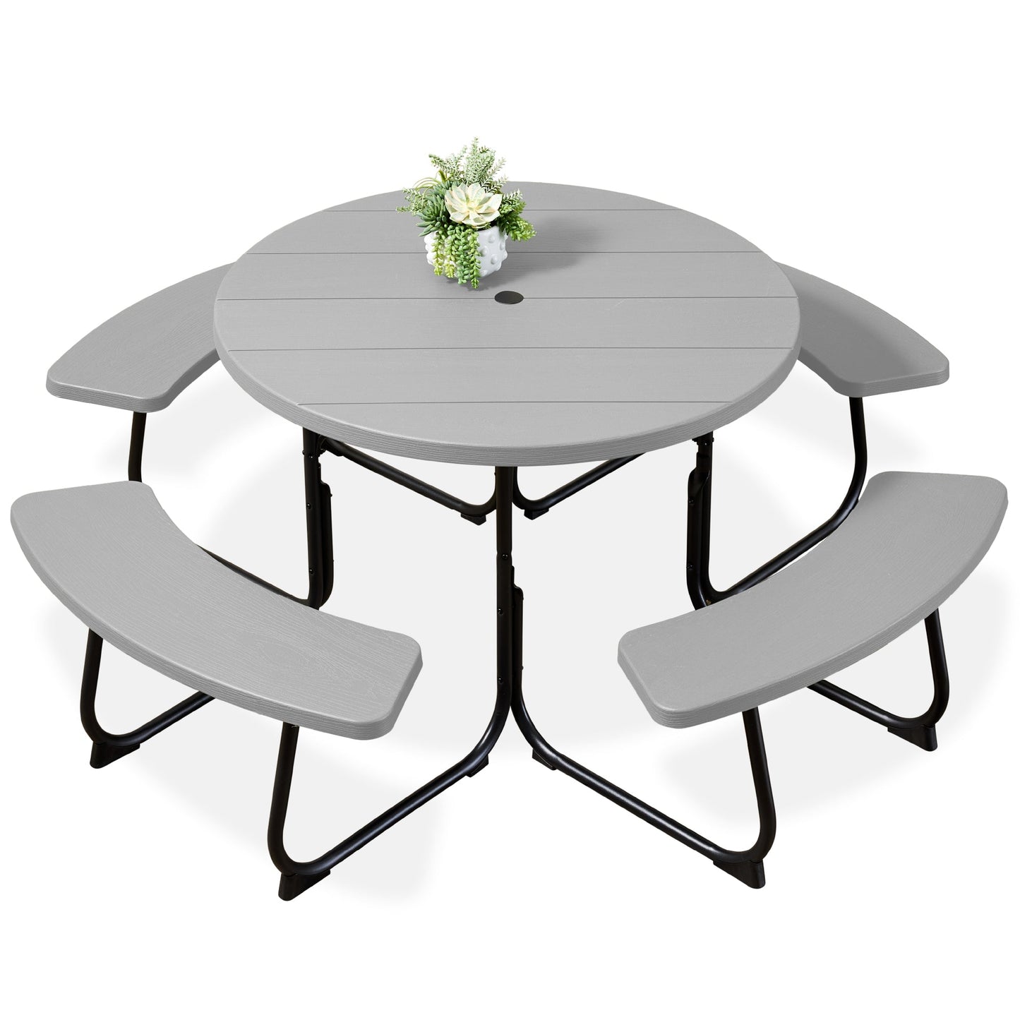 8-Person Circular Picnic Table w/ Umbrella Hole, 4 Benches