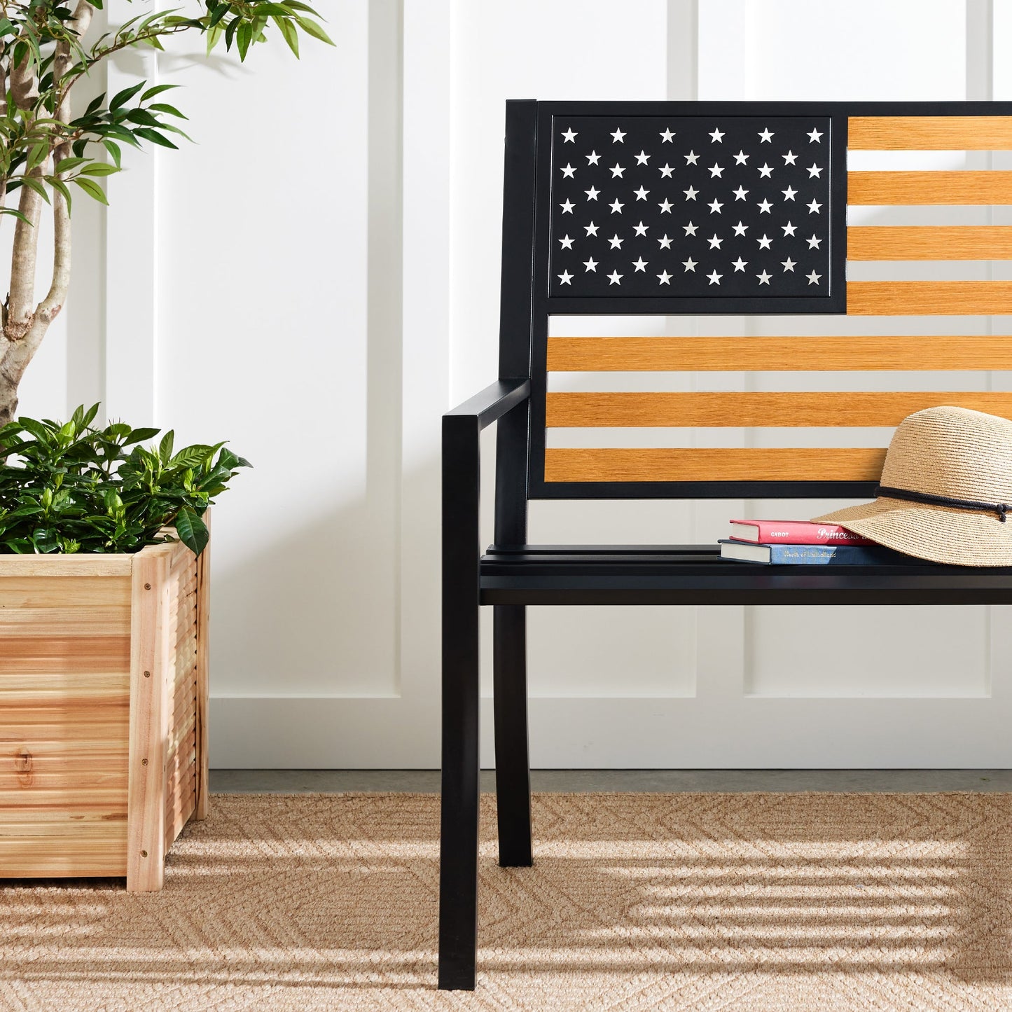 Indoor Outdoor Steel Bench w/ American Flag Backrest, 790lb Capacity