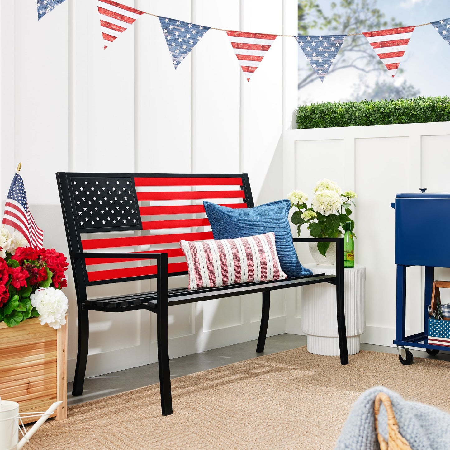 Indoor Outdoor Steel Bench w/ American Flag Backrest, 790lb Capacity