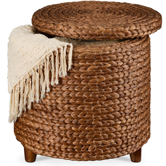 17" Round Storage Ottoman with Lid, Handwoven Water Hyacinth Footstool