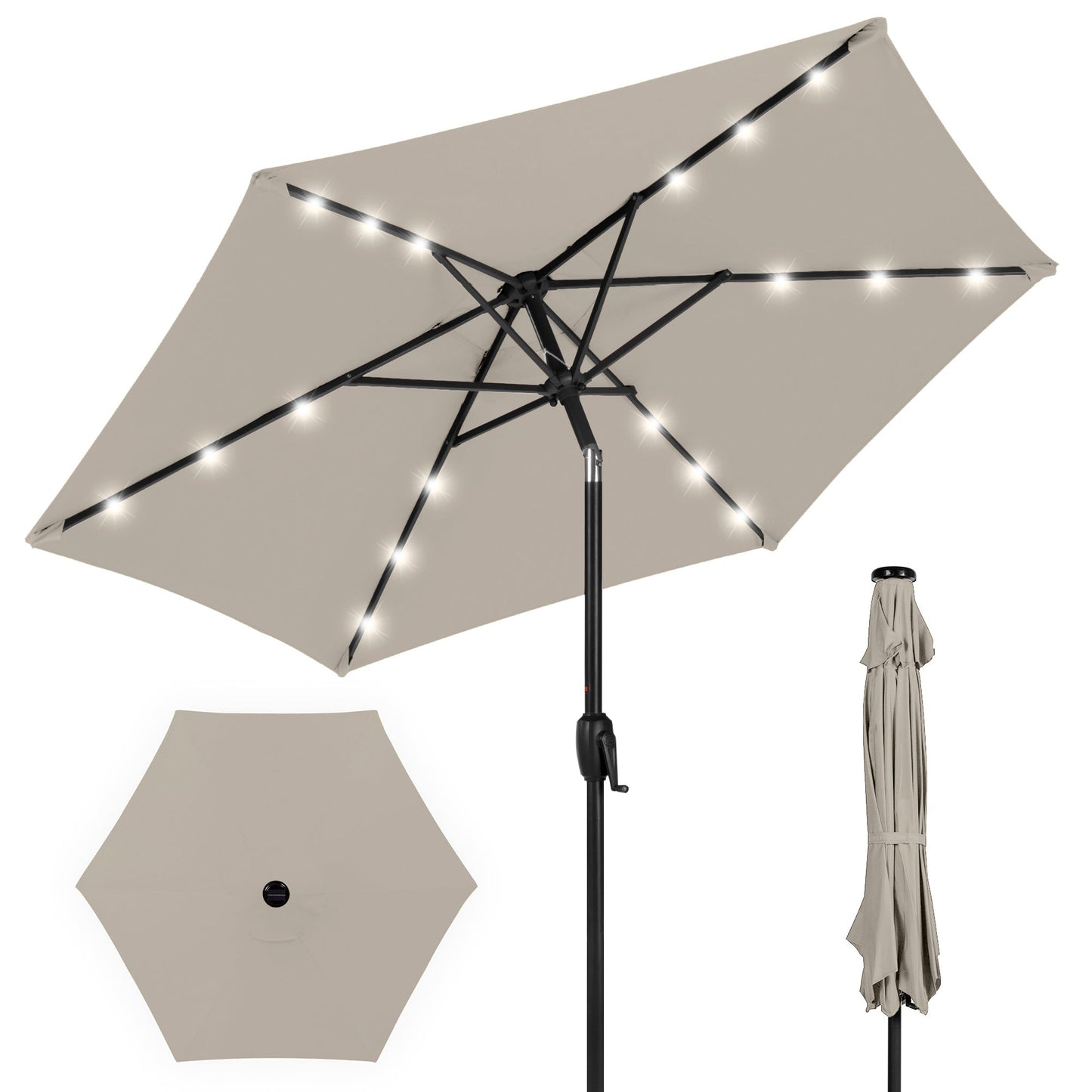 Outdoor Solar Patio Umbrella w/ Push Button Tilt, Crank Lift - 7.5ft