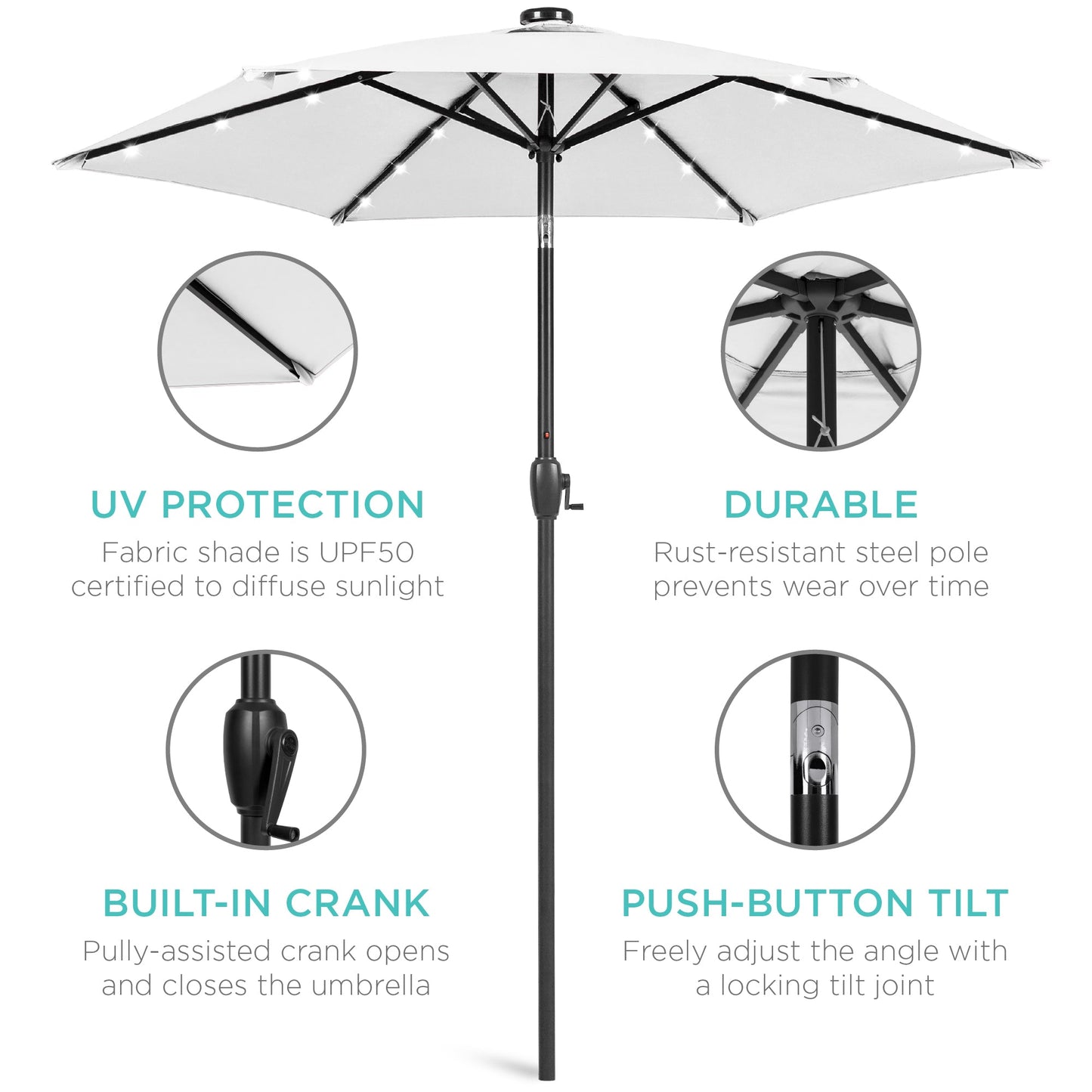 Outdoor Solar Patio Umbrella w/ Push Button Tilt, Crank Lift - 7.5ft