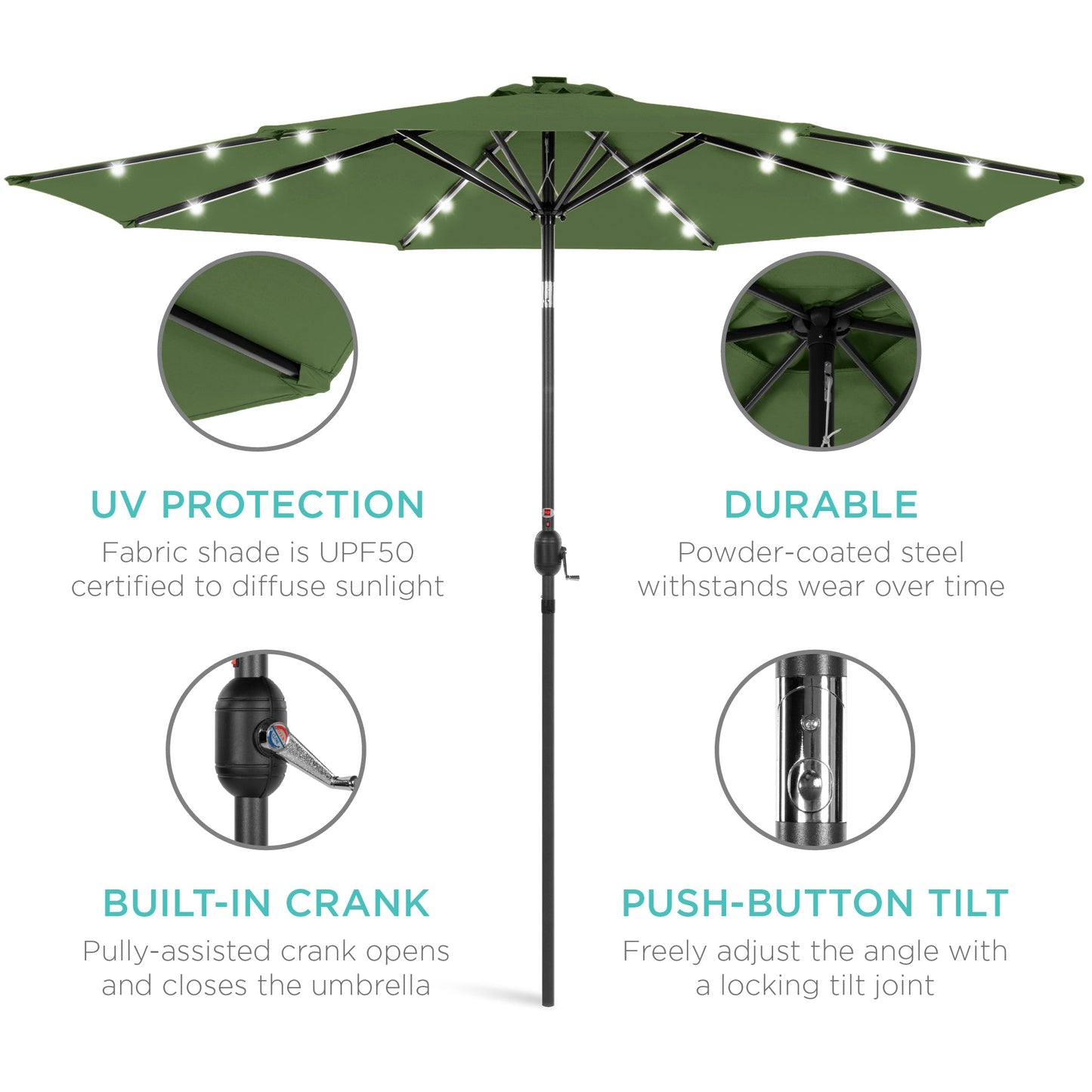 Solar LED Lighted Patio Umbrella w/ Tilt Adjustment, UV-Resistant - 10ft