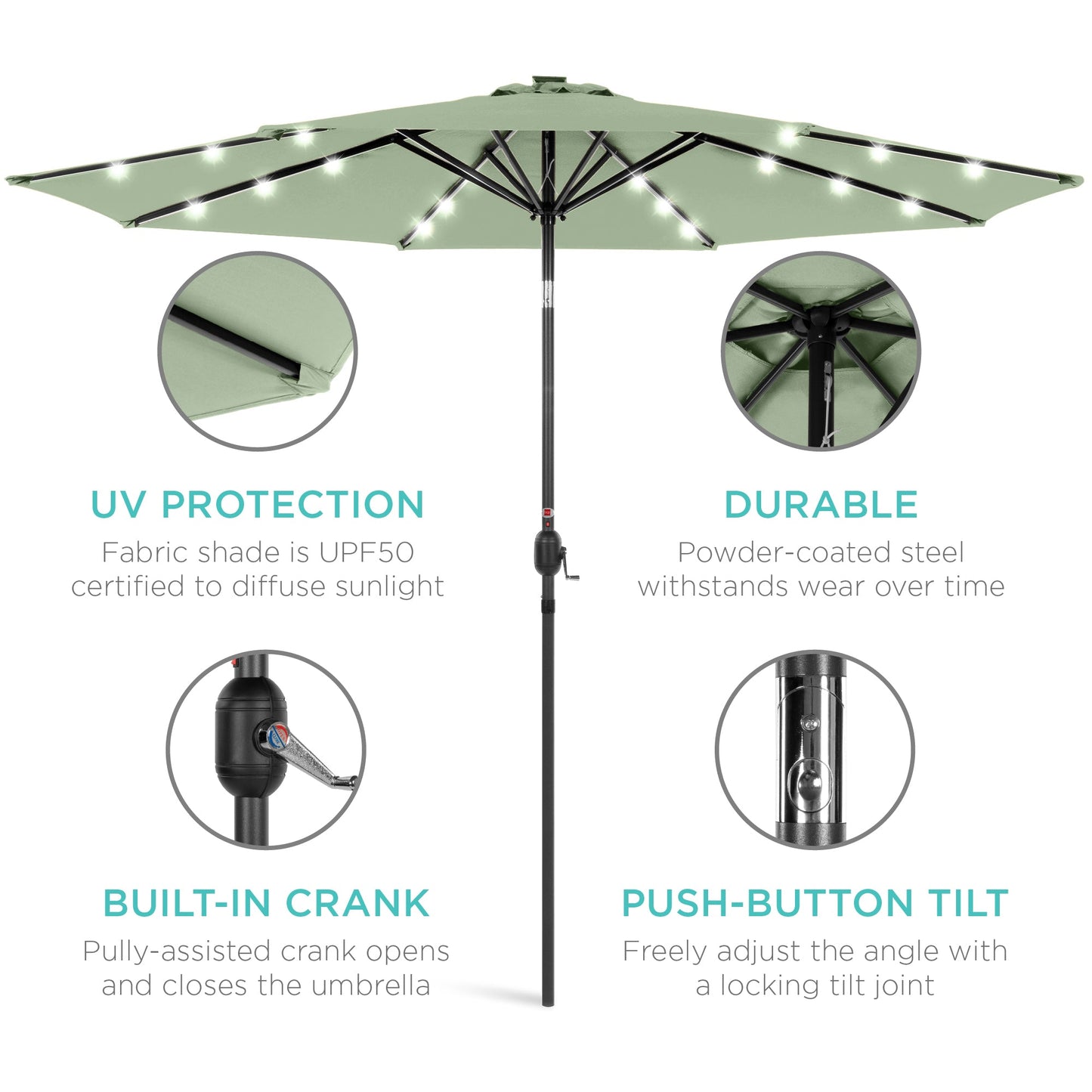 Solar LED Lighted Patio Umbrella w/ Tilt Adjustment, UV-Resistant - 10ft