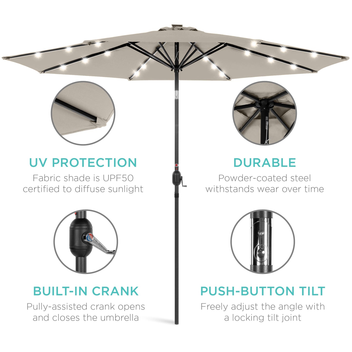 Solar LED Lighted Patio Umbrella w/ Tilt Adjustment, UV-Resistant - 10ft