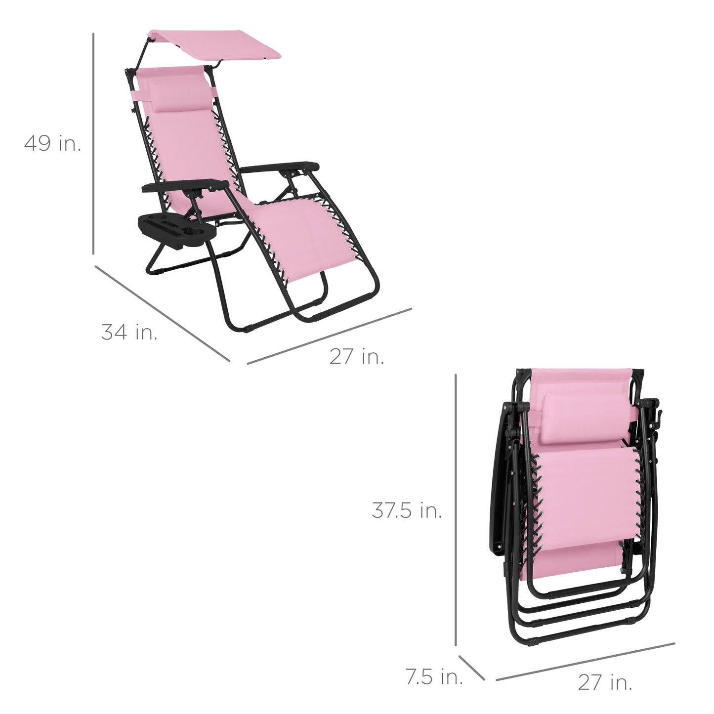 Folding Zero Gravity Recliner Patio Lounge Chair w/ Canopy, Side Tray