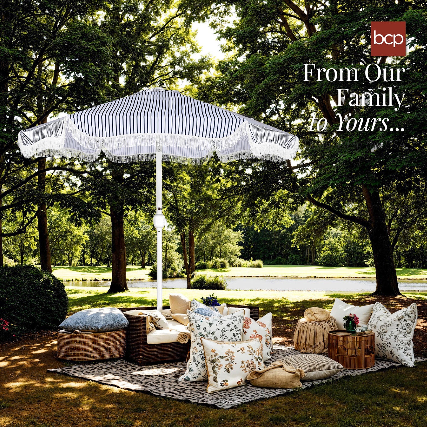 9ft Boho Fringe Umbrella  Tilt, UPF50+, Steel Pole