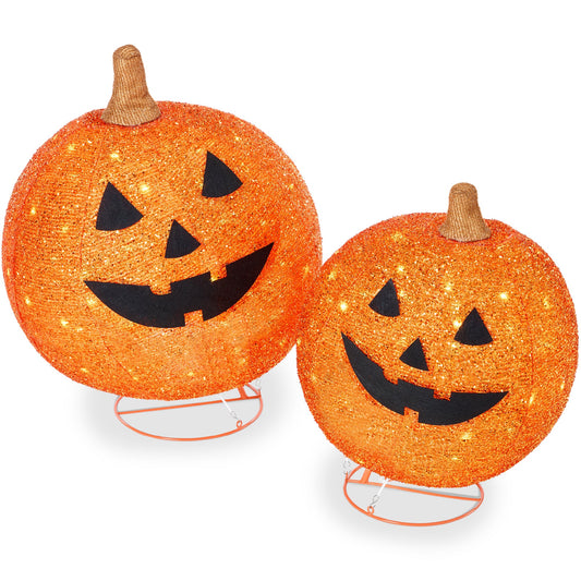 2pc Lighted Pop-Up Outdoor Halloween Holiday Pumpkin Set w/ 130 LED Lights